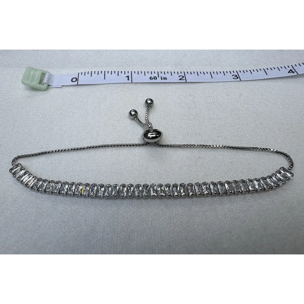Adjustable CZ Tennis Bracelet Silver Tone Baguette Rhinestone Slider Bracelet